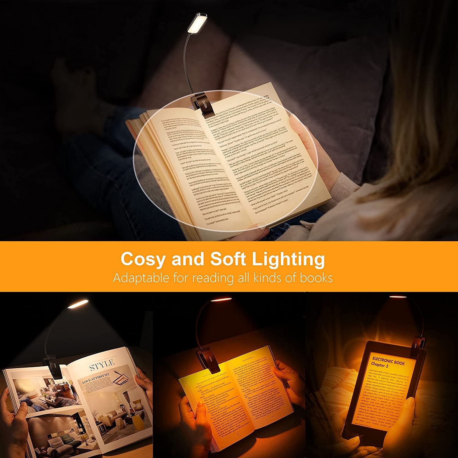 Book Light Rechargeable for Reading in Bed,  9 LED Reading Light Book Lamp with Power Indicator, 3 Eye -Protecting Modes- Stepless Dimming, Long Battery Life, 360° Flexible Clip-On Book Light