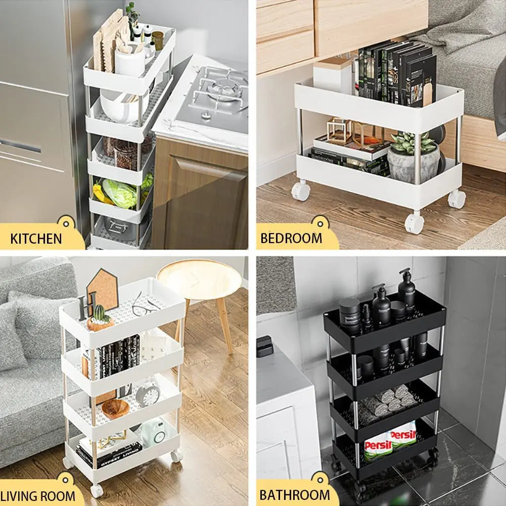 Slim Storage Cart with Wheels, 4 Tier Bathroom Storage Organizer Rolling Utility Cart Mobile Shelving Unit for Bathroom Kitchen Laundry Room Office Narrow Place (Black)