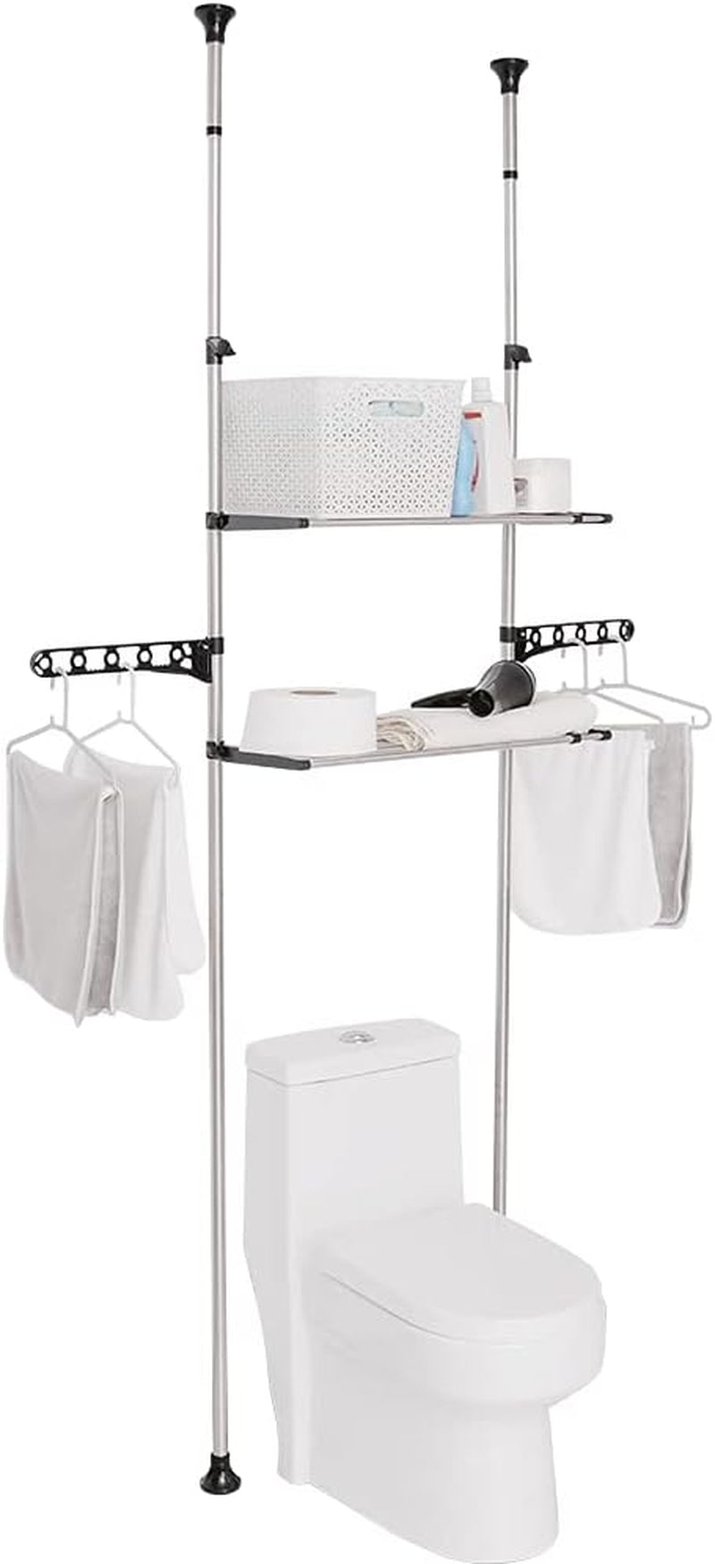 2-Layer Expandable Laundry Shelf over Washing Machine Storage Rack Tension Pole Space Saver Bathroom Organizer with Towels Clothes Hanger Hook