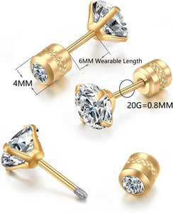 Titanium Flat Screw Back Stud Earrings for Girls,Safety Screw on CZ Earrings Hypoallergenic Surgical Steel Cartilage Earrings
