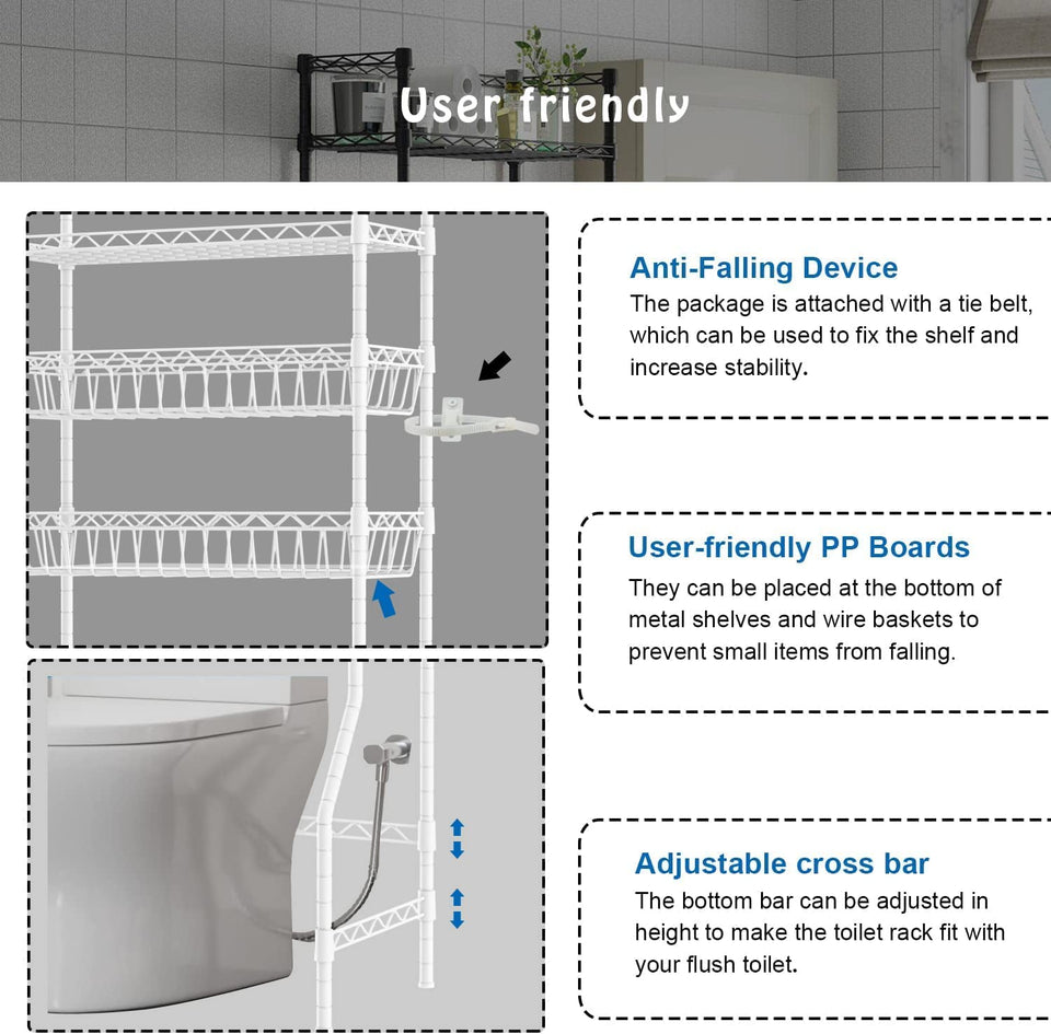 Over the Toilet Storage, 3-Tier Bathroom Rack for Space Saver,Heavy Duty Corner Stand Storage Organizer Accessories Sturdy Anti-Tilt Adjustable Bathroom Cabinet with 2 Baskets (White, 3-Tier)