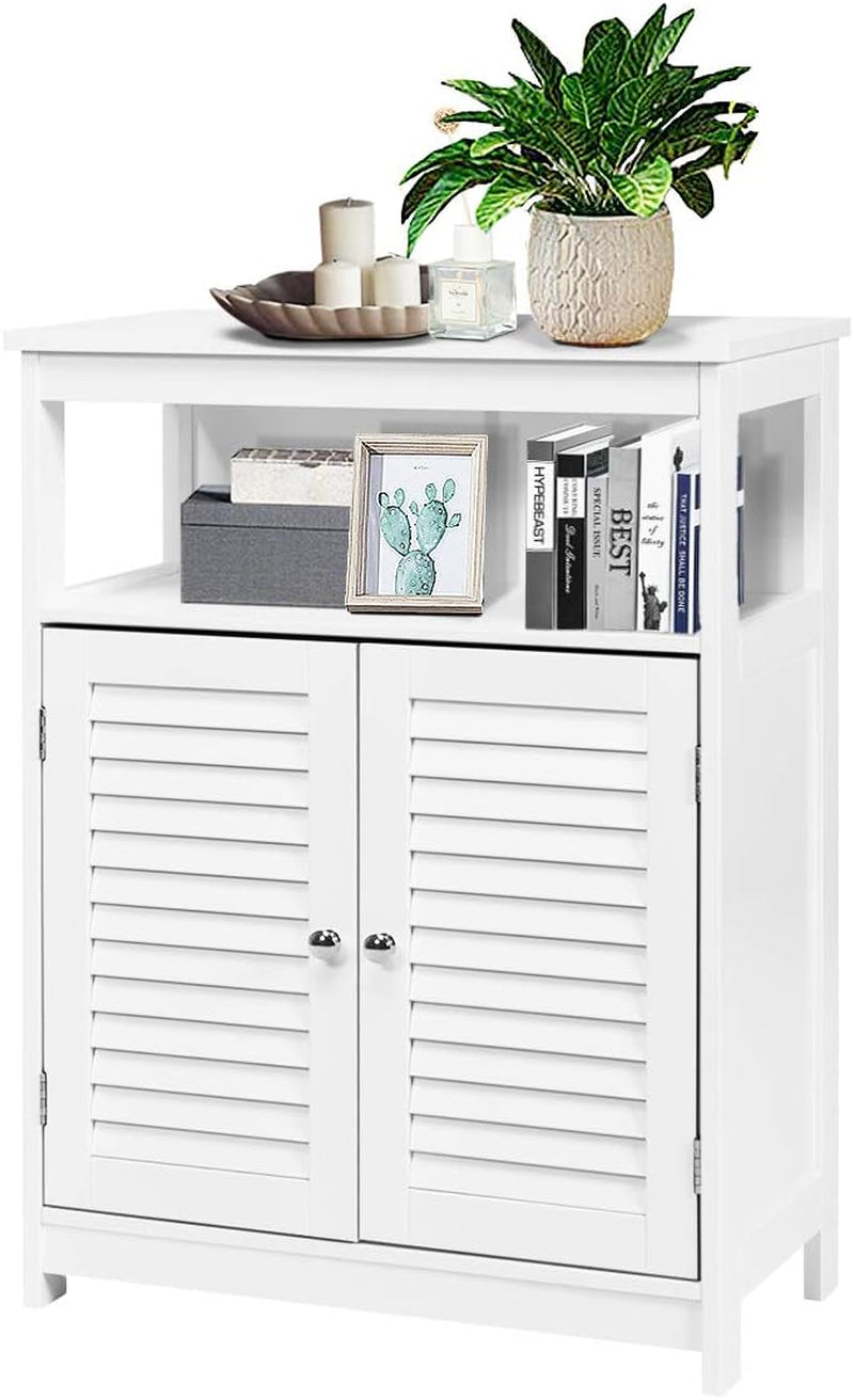 Bathroom Floor Cabinet, Wooden Storage Cabinet W/Double Shutter Door & Height Adjustable Shelf, Free Standing Kitchen Cupboard, Entryway Storage Cabinet, 60 X 30 X 80 Cm (White)
