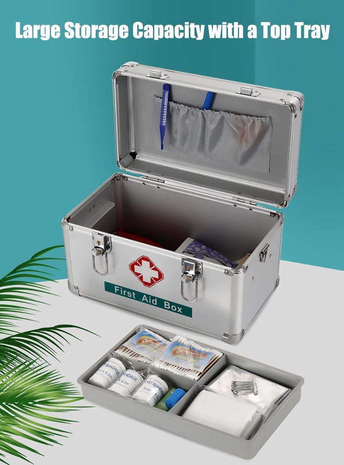 Premium 14 Inches Empty First Aid Box with an Internal 3 Grid Tray and Shoulder Strap, Aluminum Alloy Framed, Portable Home & Work Medicine Box for Medical and Health Industry Workers