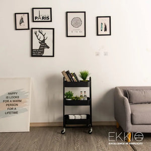 Kitchen Trolley Cart 3 Tier, Steel Storage Shelf Rack Organiser Wheels, Powder-Coated Finish, Max. Weight Capacity 45Kg, Black