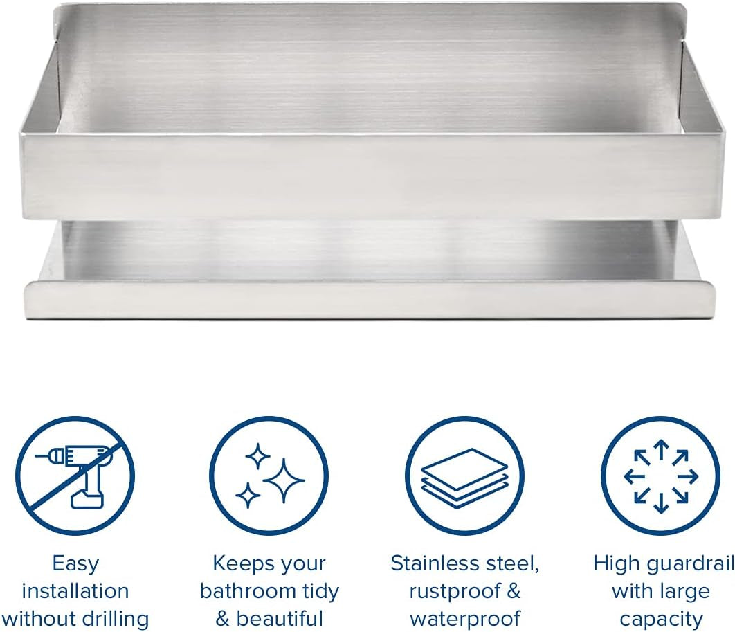 Joejis Shower Shelf Caddy Basket - Strong 3M Self Adhesive No Drill Wall Mounted Shelf - Stainless Steel - Shampoo Shower Gel Storage Organiser