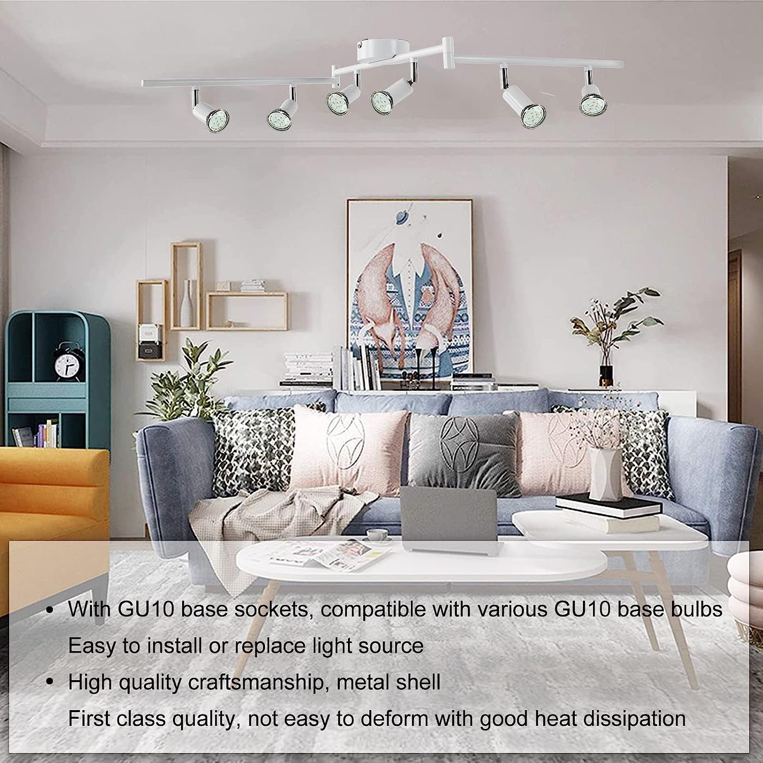 6 Way Ceiling Spotlight GU10 Base Socket, Track Lighting Kit Rotatable Lamp Head, Can Be Tilted 90°, Adjustable Lighting Angle, for Showrooms, Exhibition Halls, Museums, Cafes, Restaurants(White)