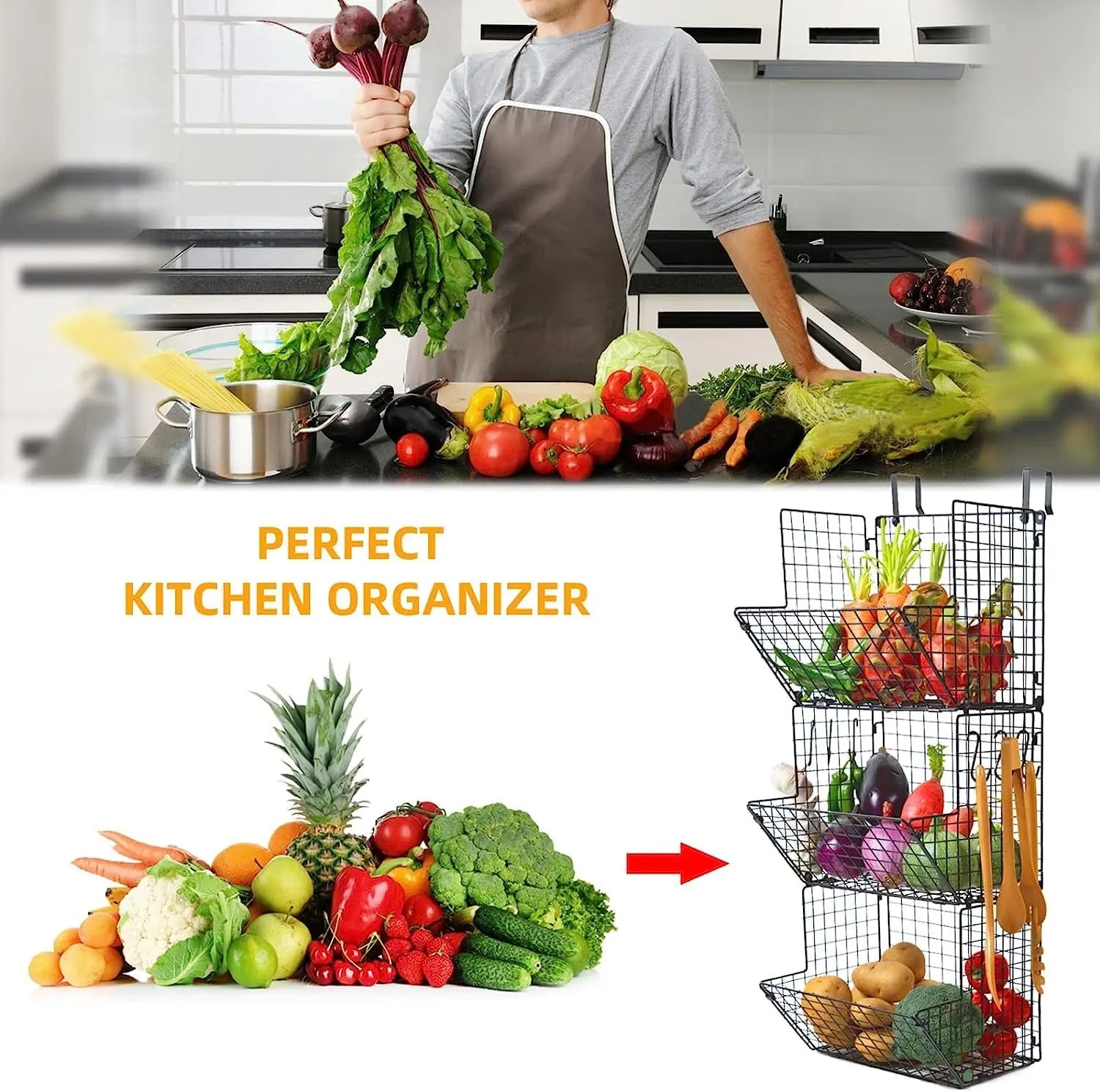 Fruit Vegetable Storage Basket for Kitchen, 3 Tier Stackable Wall Mount & Countertop & Hanging Metal Wire Baskets Organiser with Hooks, Kitchen Produce Tiered Counter Organizer Bin Rack(Black)