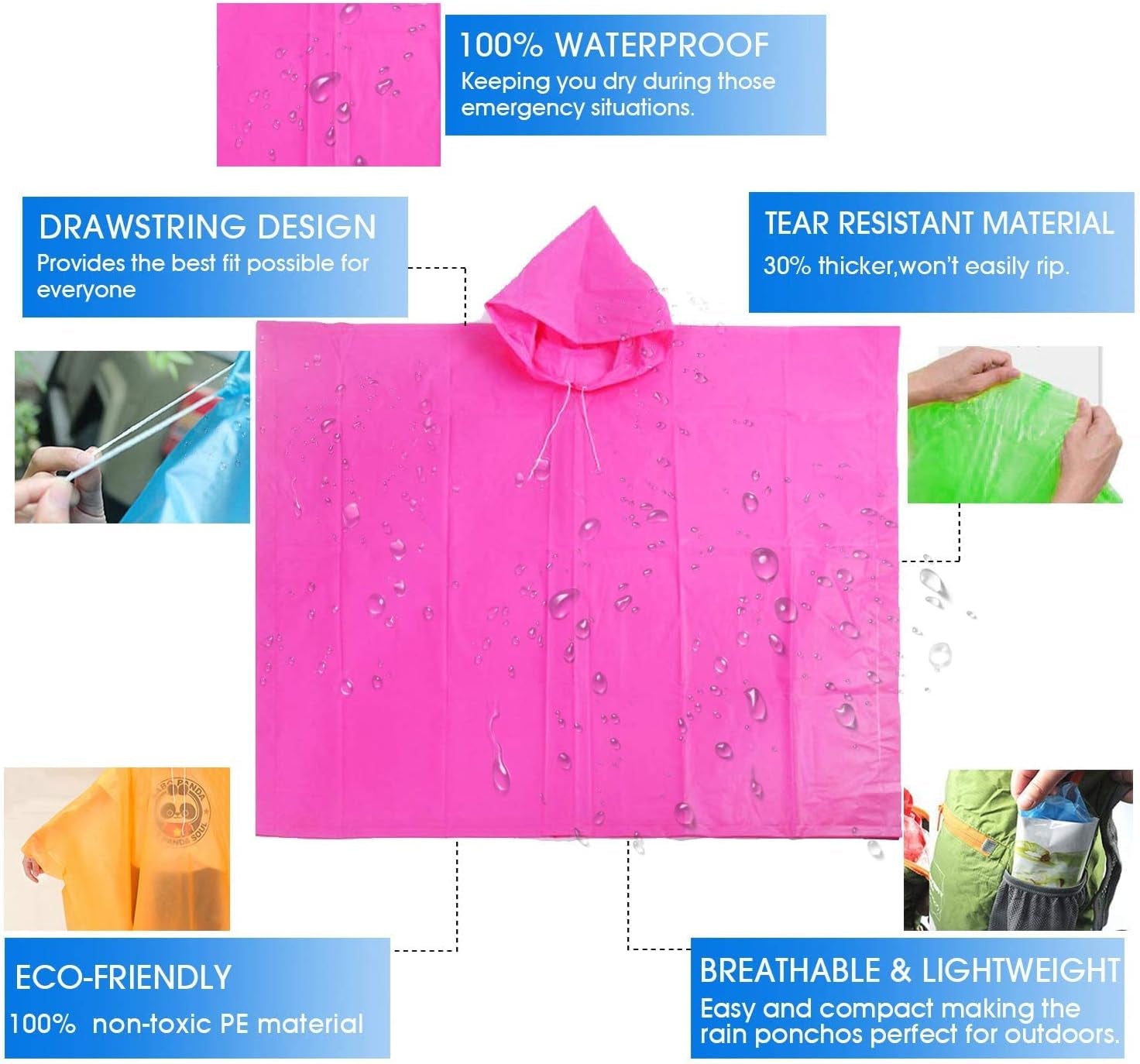 Rain Poncho for Kids, 4 PCS Waterproof Rain Hooded Poncho, Lightweight Reusable Foldable Long Clear Raincoat for Children