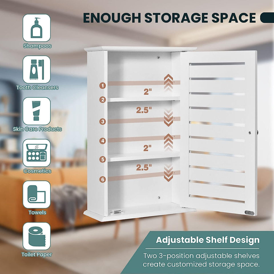 Wall Mounted Bathroom Cabinet, Wooden Medicine Cabinet with 2 Adjustable Shelves, Versatile Hanging Cupboard with Reversible Door for Living Room, Kitchen, Entryway, White