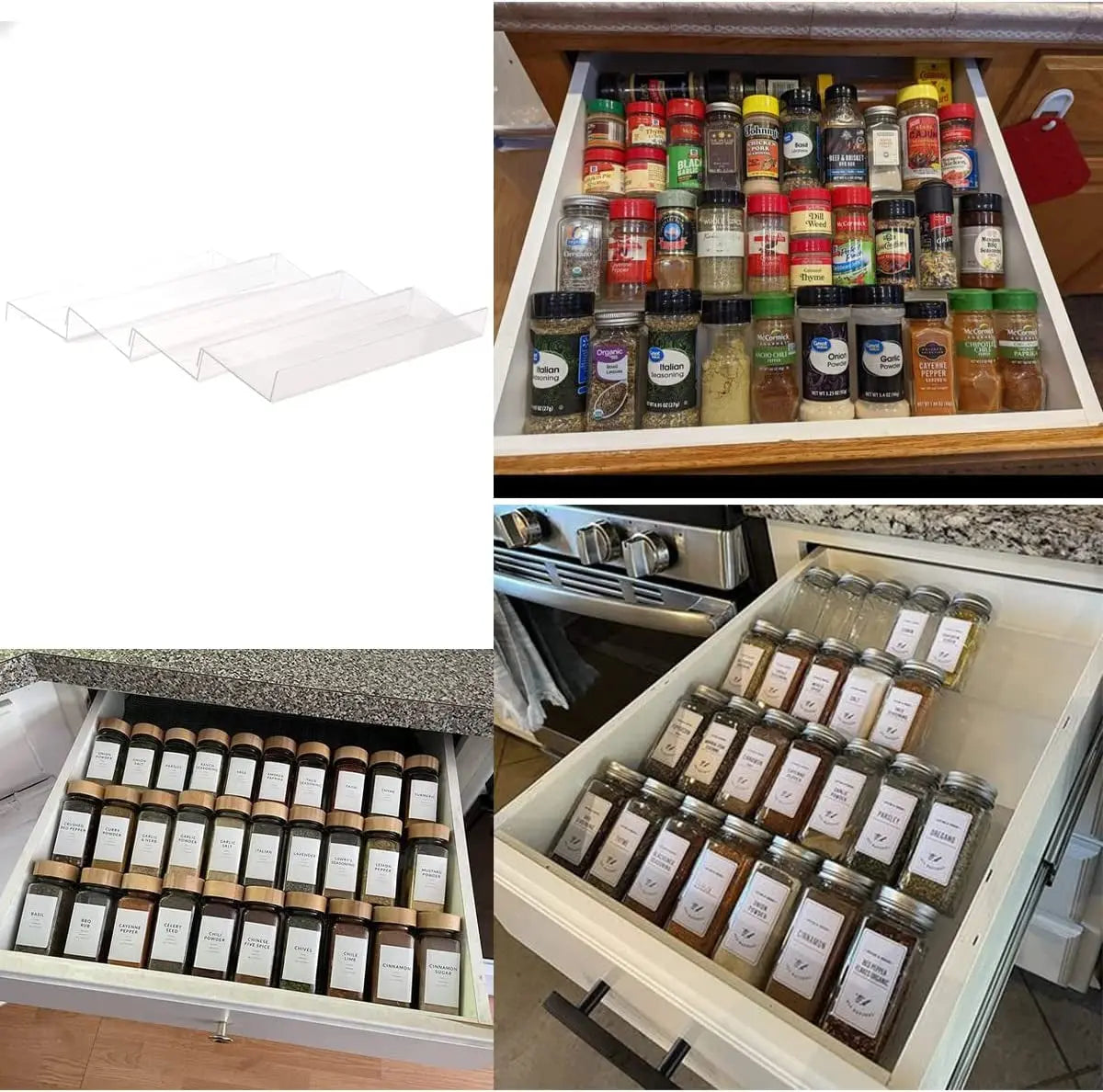 Set of 4 Spice Jar Rack Drawer Organizer Expandable Spice Seasoning Holder Storage Organisation for Countertop Kitchen