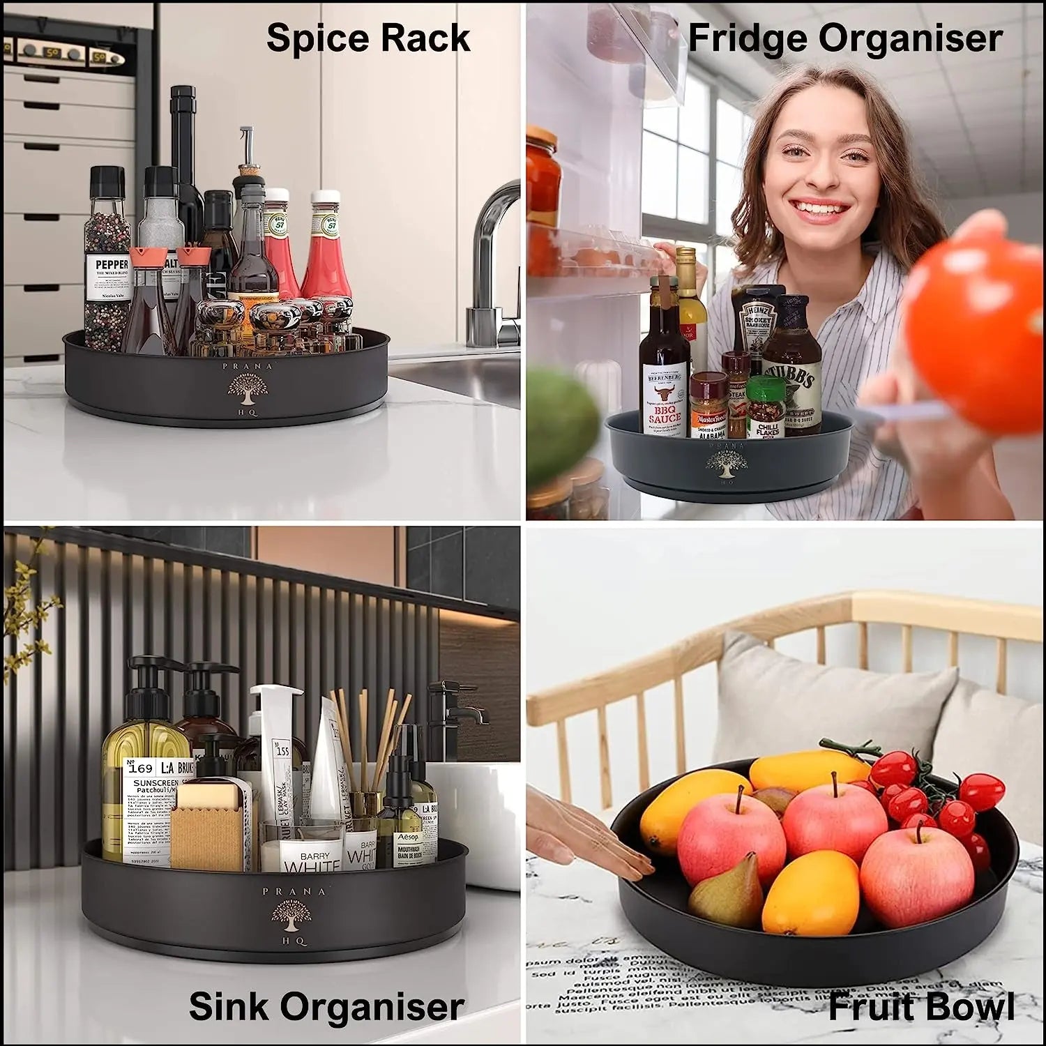 Lazy Susan Turntable -Kitchen Storage & Organisation -Rotating Organiser Shelf for Pantry Spice Jars, Countertop Condiments, Fridge Sauces-10" Stainless Steel Black Tray-Australian Company