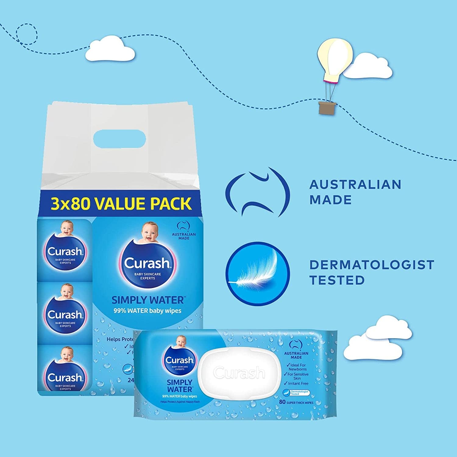 Simply Water Baby Wipes, 3 X 80 Pack (240 Wipes)