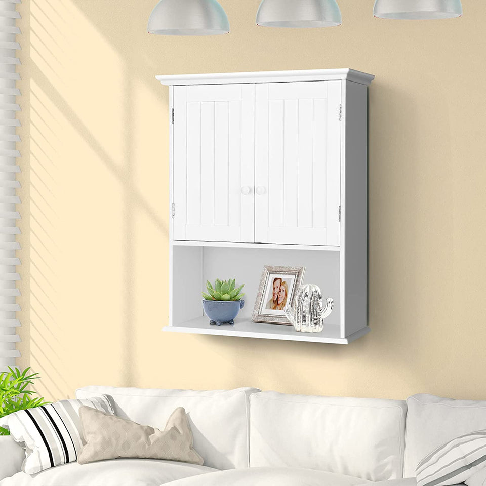 Bathroom Wall Cabinet, 2-Door Wall Mount Cabinet W/Hanging Design, Wooden Medicine Cabinet W/Adjustable Built-In Shelf, Kitchen/Laundry Storage Cupboard with Ample Storage Space (Gray/White)