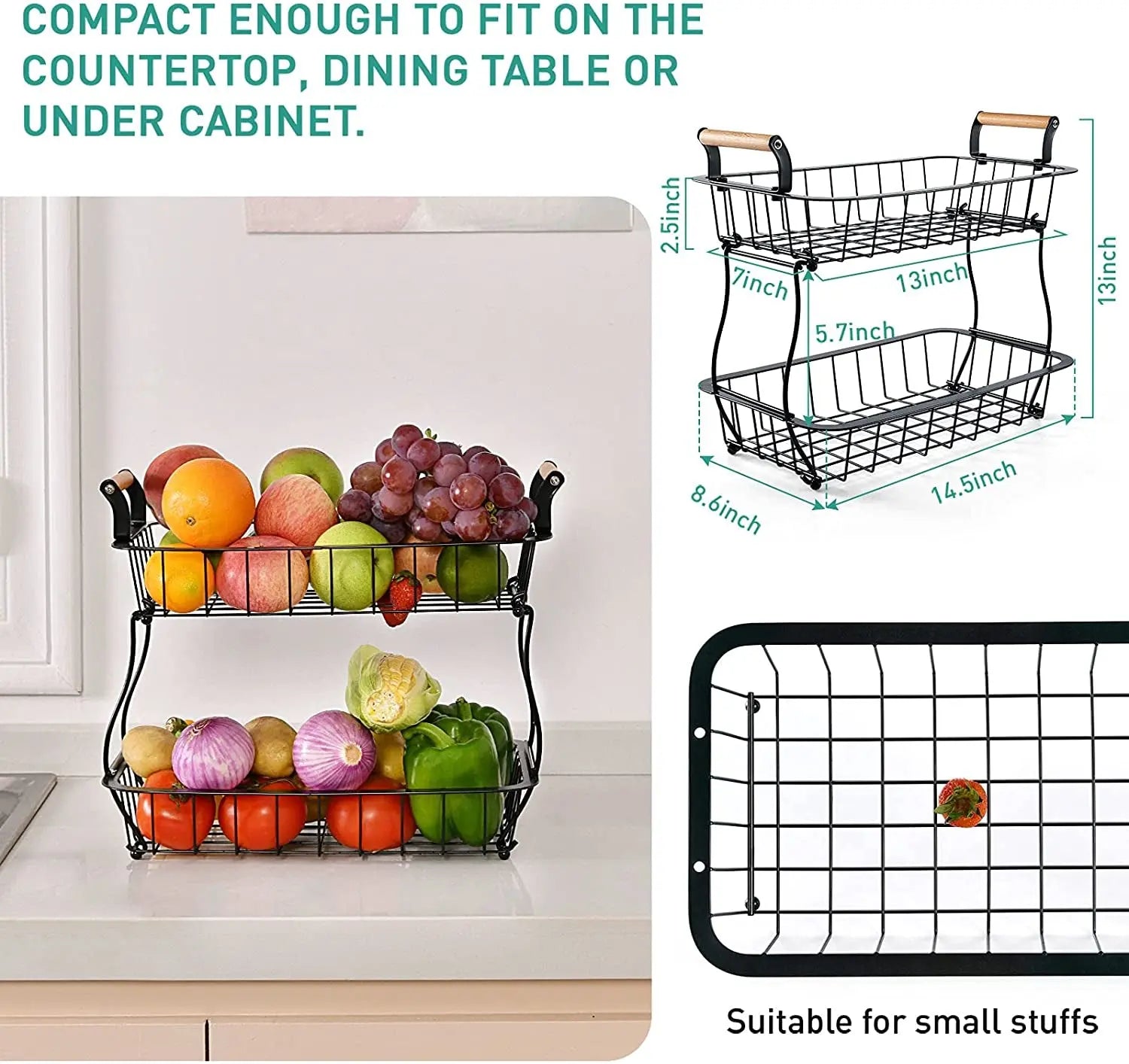 2 Tier Countertop Fruit Basket for Kitchen Vegetable Fruits Basket Bowl Stand Metal Rectangle Wire Basket Storage Holder for Fruits Veggies Bread Snacks Kitchen Organizer, Black