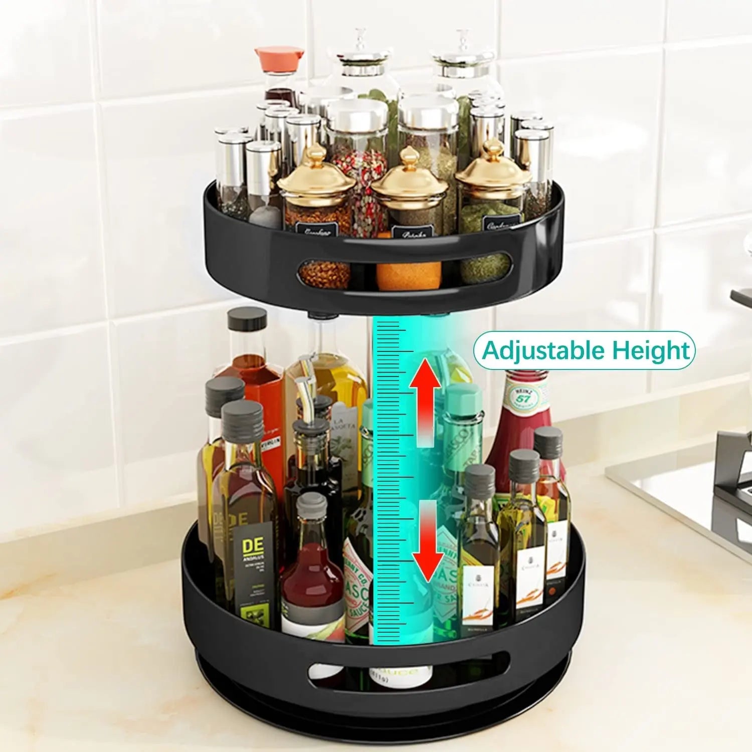 2 Tier Lazy Susan 360° Turntable Kitchen Spice Storage Organizer Rack, Height Adjustable Rotating Tray for Kitchen Cabinet Pantry Bathroom, Condiments Storage Rack
