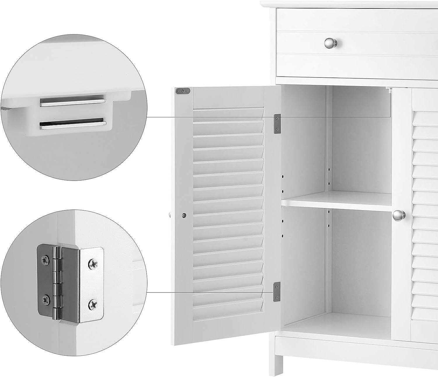 BBC51WT Bathroom Cabinet, 60 X 30 X 80 Cm, Storage Cabinet with 2 Slat Doors, Drawer, Adjustable Shelf, Scandinavian Style, Matt White