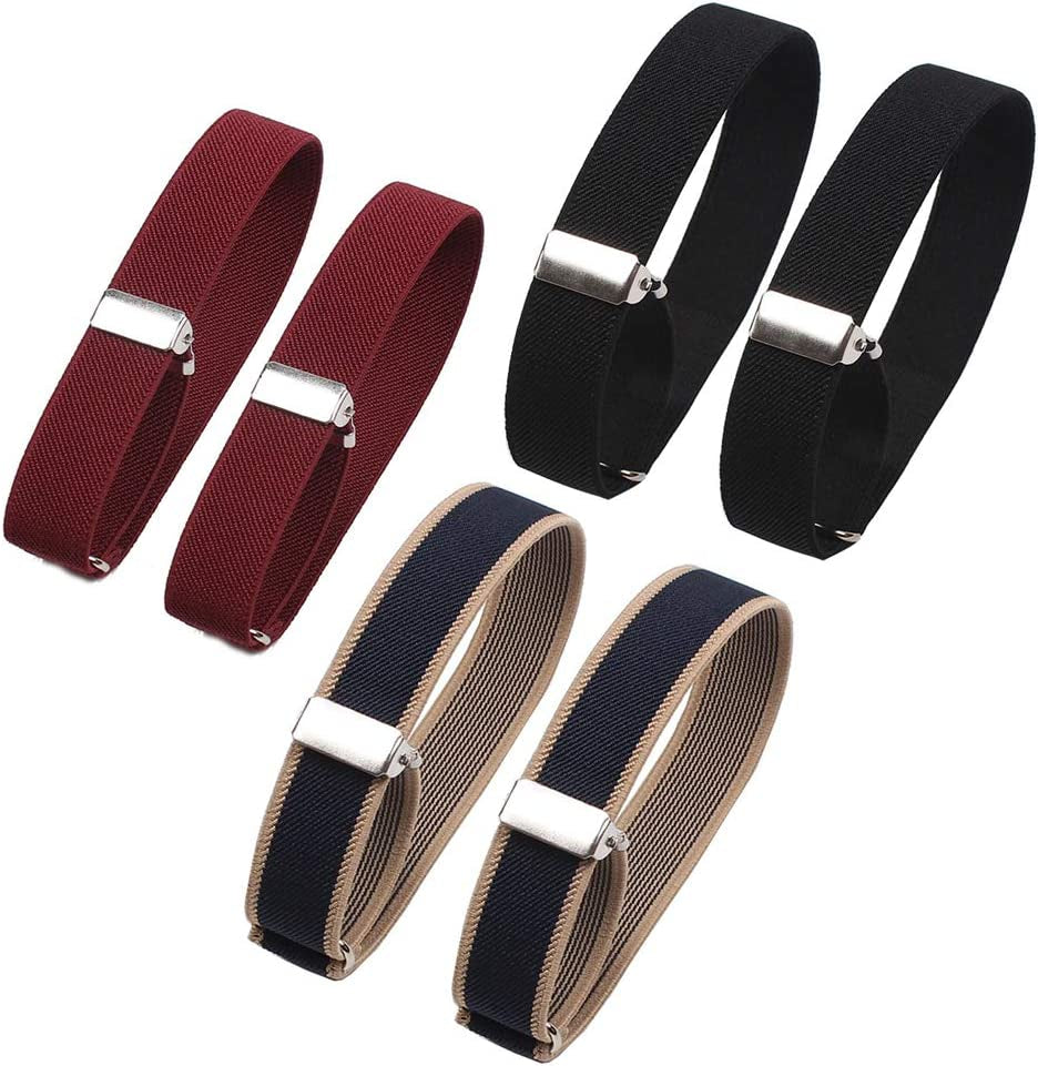 6 Pieces (3 Pairs) Unisex Elastic Adjustable Armbands Anti-Slip Shirt Sleeve Holders Adjustable Arm Shirt Garters Hold up Sleeve Garters Elastic Armbands, Black, Wine-Red, Blue with Beige Edge