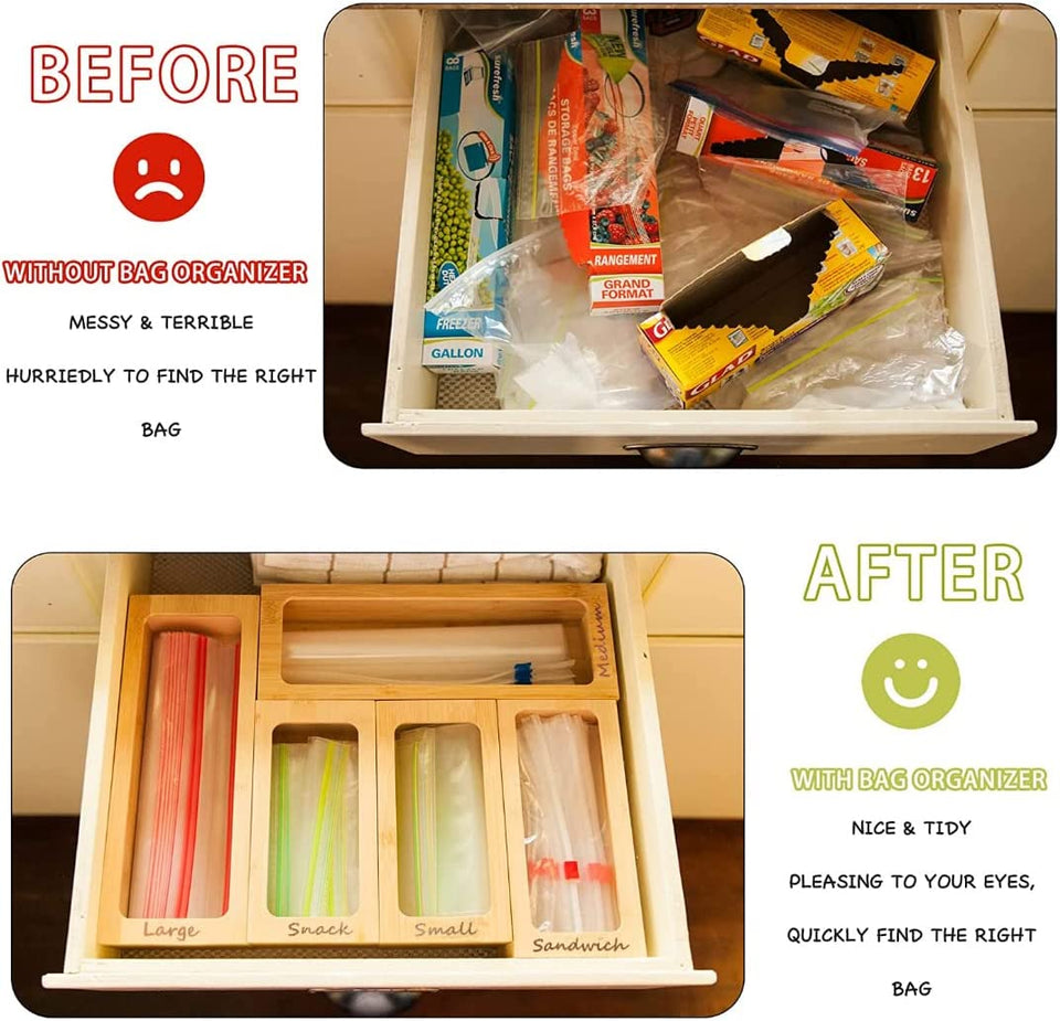 Food Storage Bag Organiser, 5Pack Bamboo Plastic Zip Lock Bags Dispenser Holder for Kitchen Drawer Pantry, Compatible with Gallon, Quart, Sandwich, Snack, Candy Variety Size Bag