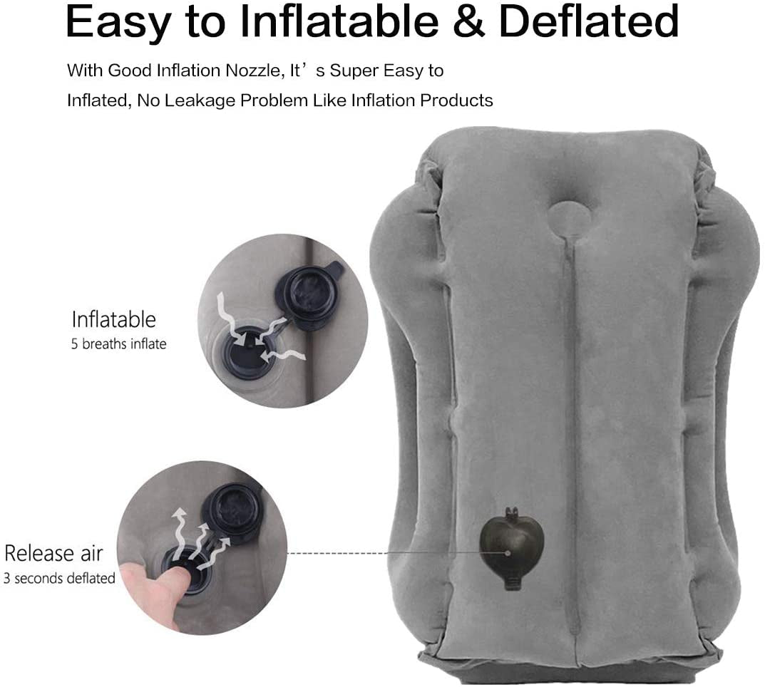 Inflatable Travel Pillow,  Inflatable Airplane Pillow Comfortably Supports the Head, Neck and Chin, Inflatable Neck Pillow with Free Eye Mask/Earplugs (Grey)