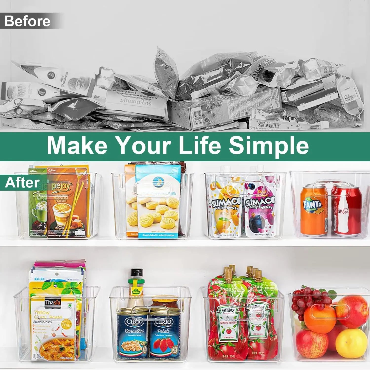 Clear Plastic Storage Bins, 4 Pack Perfect Pantry Organizers and Storage Containers Refrigerator Organizer Bins with Handles Kitchen Cabinet Freezer Closet Bathroom Storage Organization