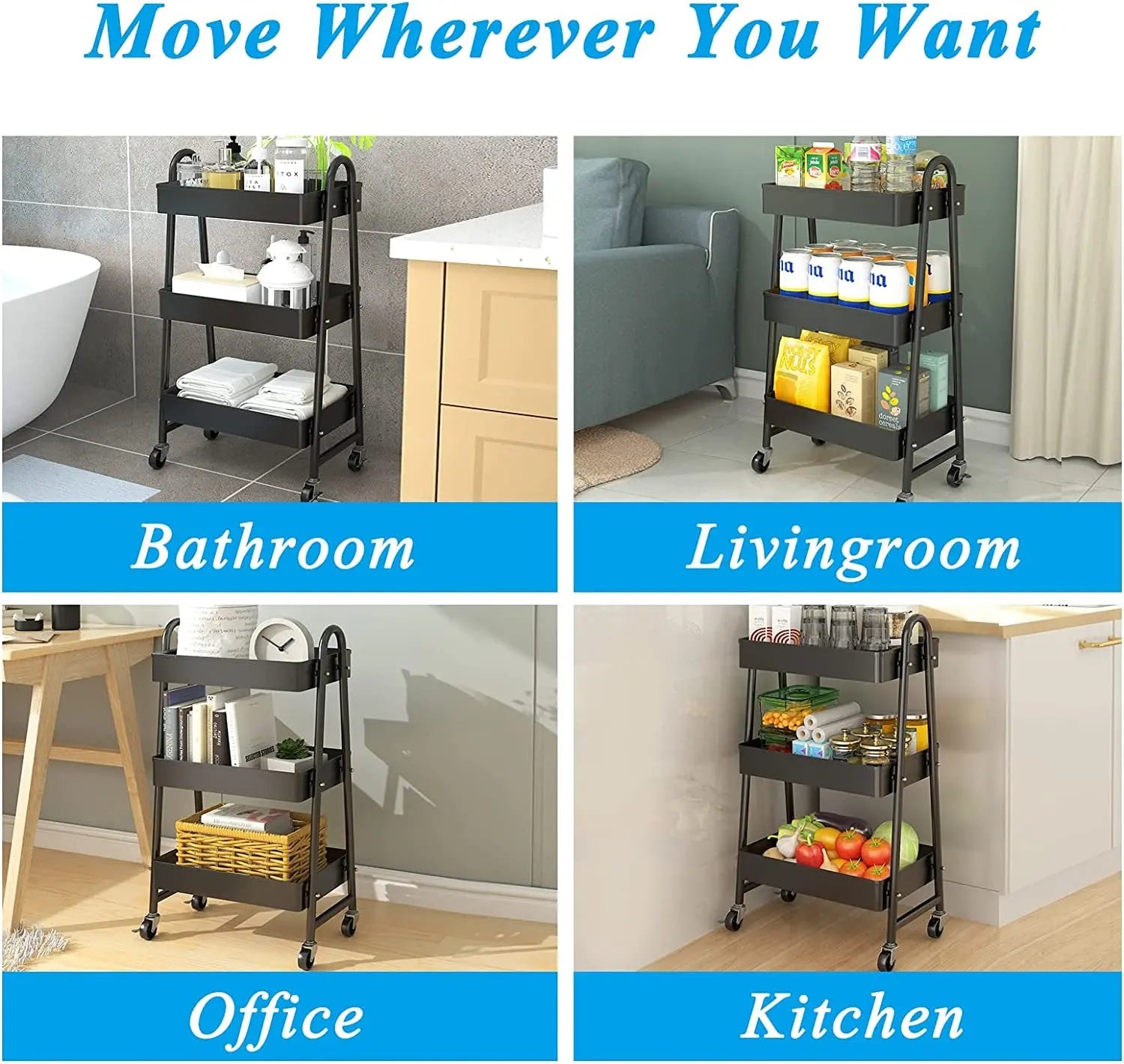 3 Tier Utility Rolling Cart, Heavy-Duty Mesh Storage Cart with Locking Wheels, Metal Mobile Trolley Cart for Home, Kitchen, Bathroom, Office, Black