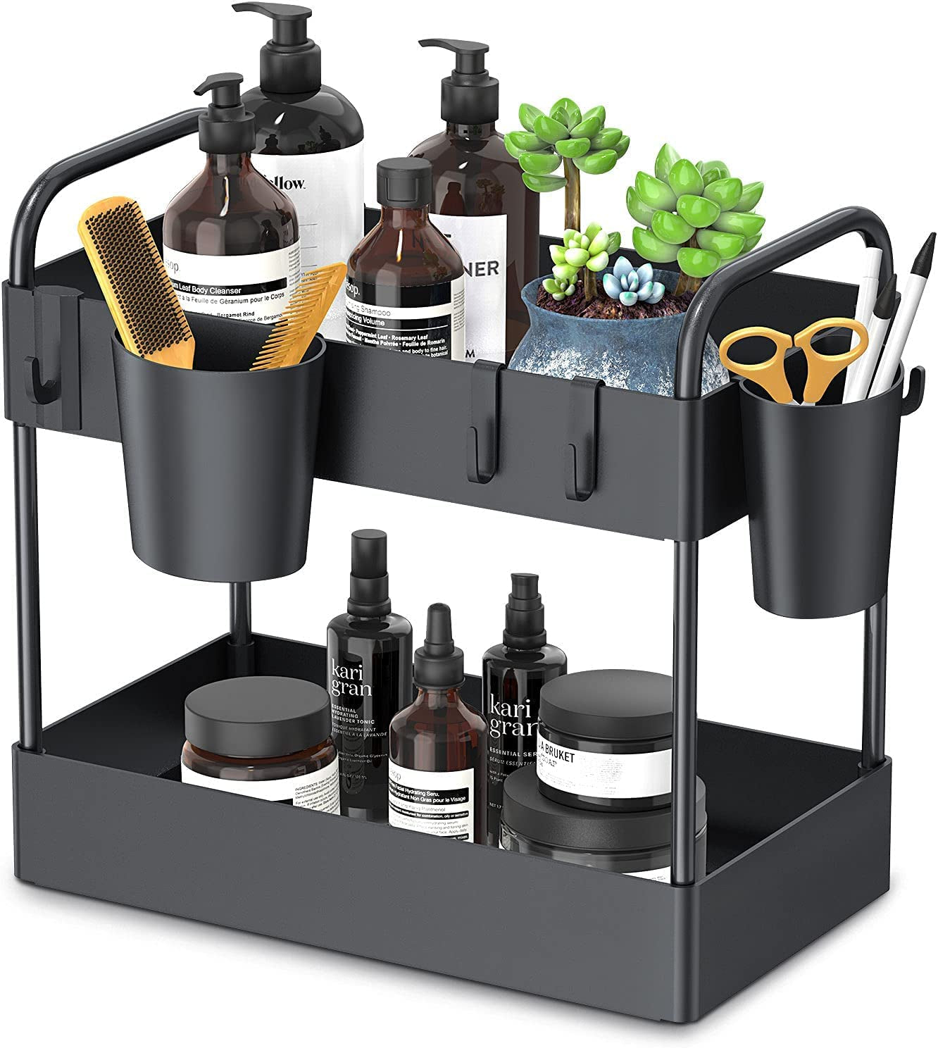 under Sink Organizer, 2 Tier Kitchen under Sink Storage Rack Bathroom Countertop Shelf Organiser with 4 Hooks 2 Hanging Cups and Anti-Foot for Bathroom Kitchen Spice Makeup Vanity Narrow Space