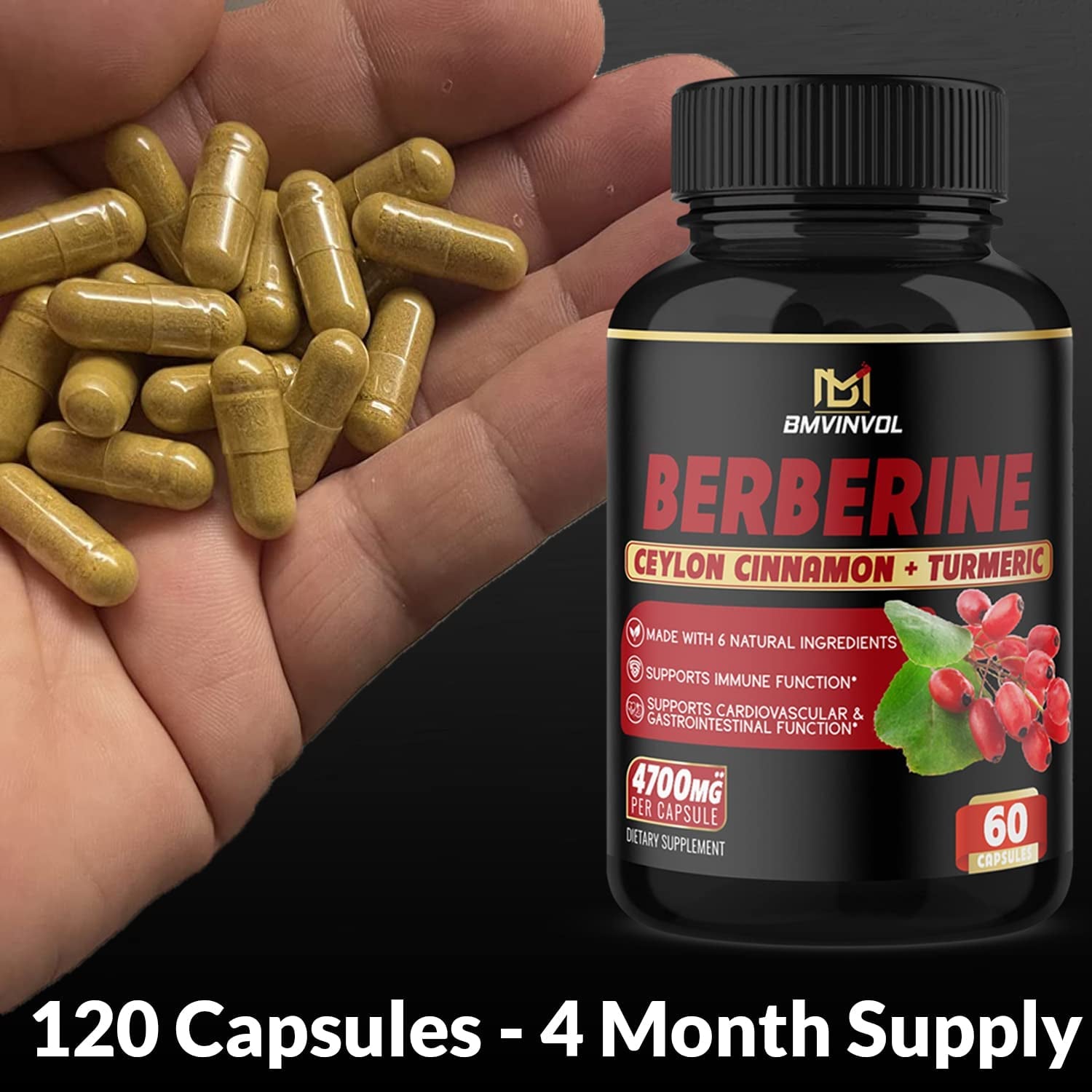 (2 Packs) Berberine Supplement 4700Mg with Ceylon Cinnamon, Turmeric -120 Capsules - Supports Glucose Metabolism, Immune Function, Healthy Blood Sugar - Berberine Hcl Supplement Pills- 4 Months Supply