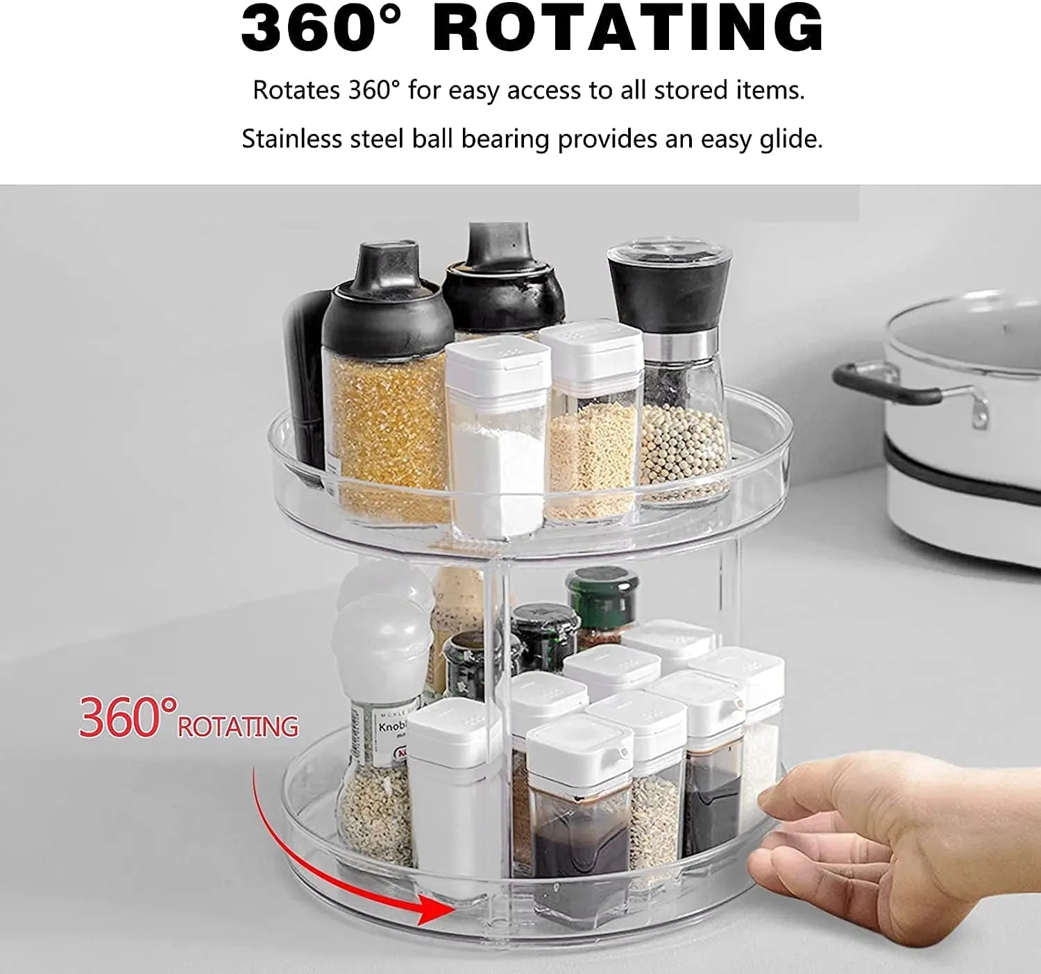 2 Tier Lazy Susan Turntable Cabinet Organizer Spice Storage Rack, Rotating Kitchen Cupboard Organiser, Storage Rack for Kitchen, Fridge and Bathroom, Makeup Holder Cosmetic Storage Rack Clear