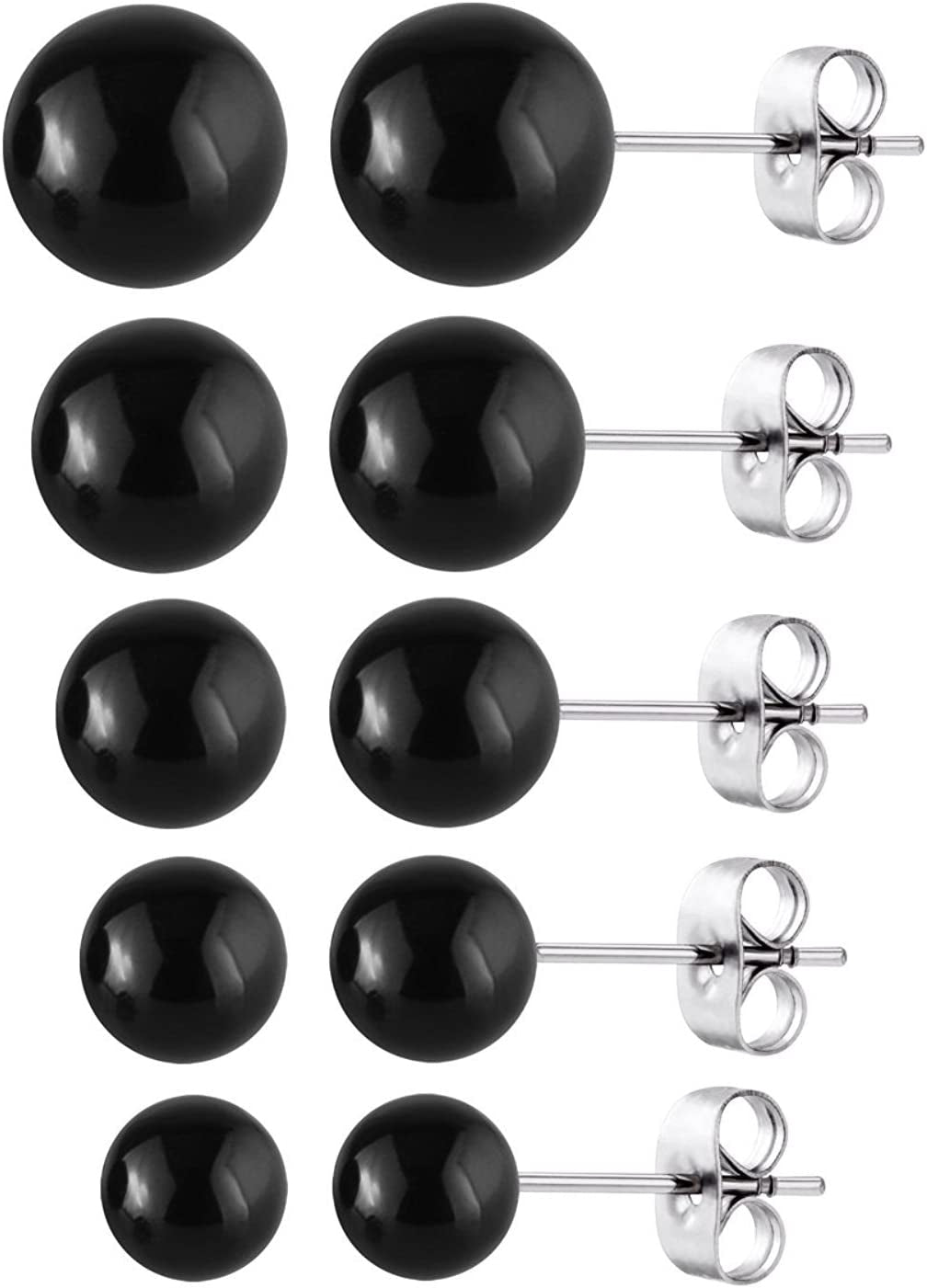5 Pairs Assorted Sizes Wholesale Lot Shiny Imitation Pearl round Ball Stud Earrings,Stainless Steel Earrings Pin, Hypoallergenic