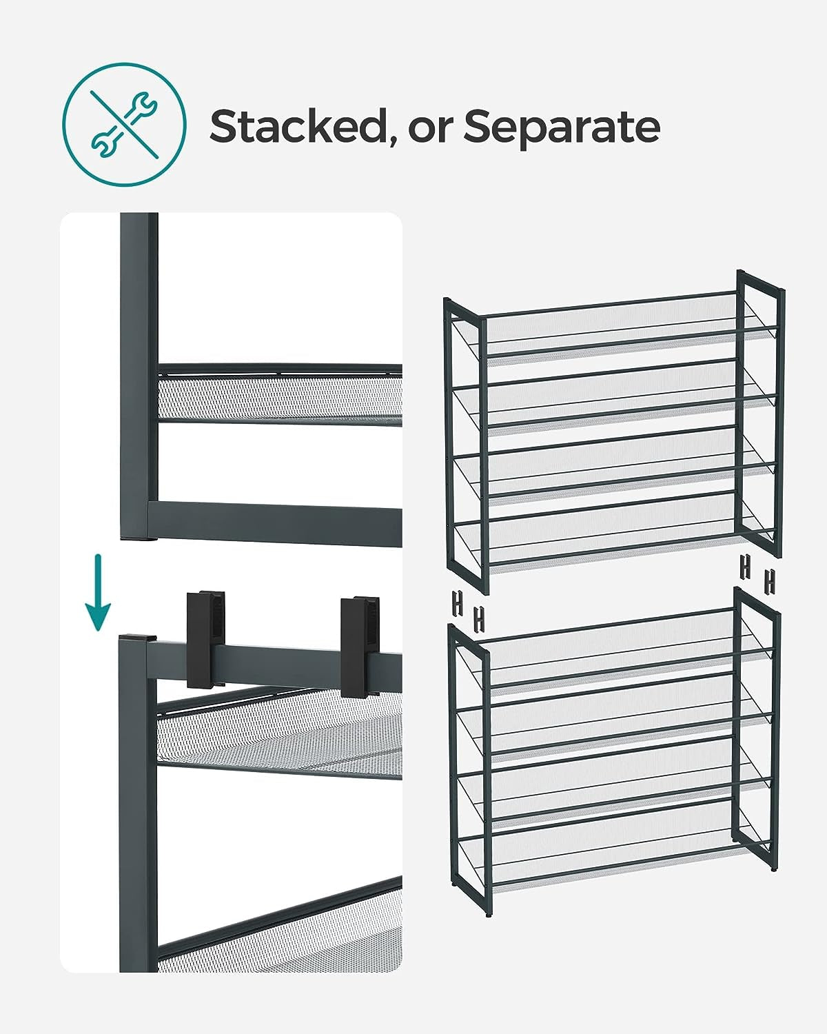 Shoe Rack, 8-Tier Shoe Organizer, Metal Shoe Storage for Garage, Entryway, Set of 2 4-Tier Stackable Shoe Shelf, with Adjustable Flat or Angled Shelves, Holds 32-40 Pairs, Grey