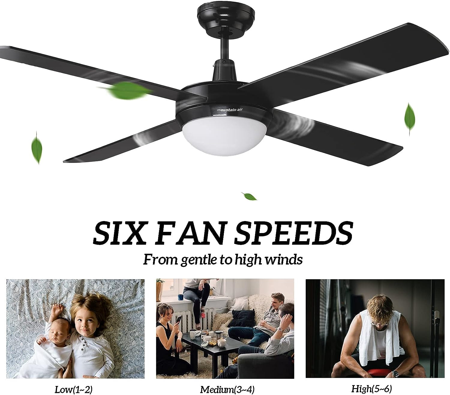 Morden Black Ceiling Fans with LED Light Kit and Remote, DC Motor 4 Reversible Blades 6 Speed, SAA Certificate- 52" (1320Mm)