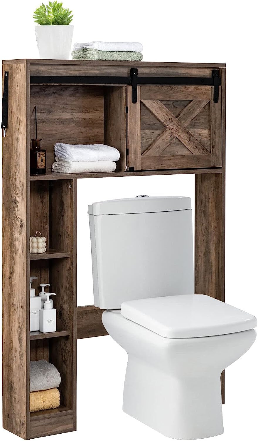 over the Toilet Storage Cabinet, Freestanding Bathroom Organizer with Sliding Barn Door & Storage Shelves, Multifunctional Bathroom Toilet Rack for Bathroom Restroom Laundry, Brown