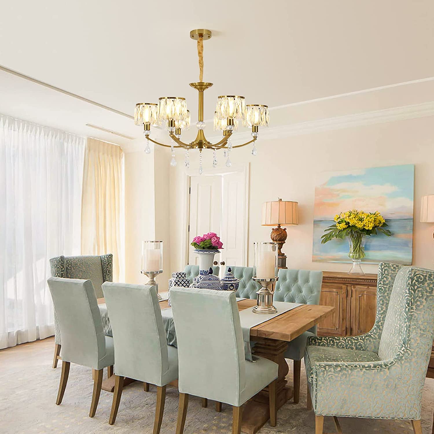 Gold Chandelier,6 Lights Wagon Wheel Chandeliers with Clear Crystal Shades,Modern Mid Century Hanging Pendant Light Fixture for Dining Room Living Room Bedroom(E14 Base)