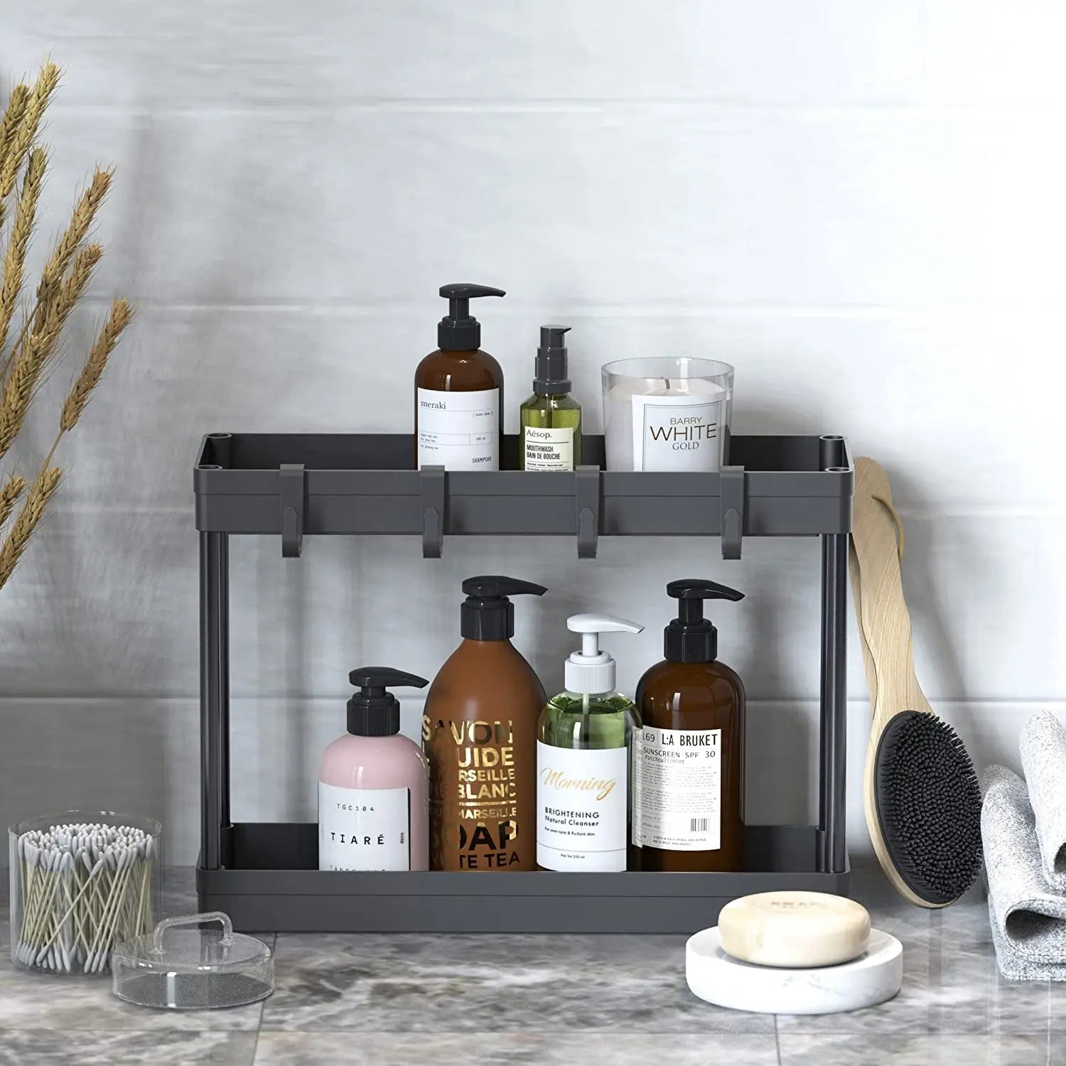 Simplehouseware 2-Tier under Sink Organizer Storage Tray with Hooks, Black