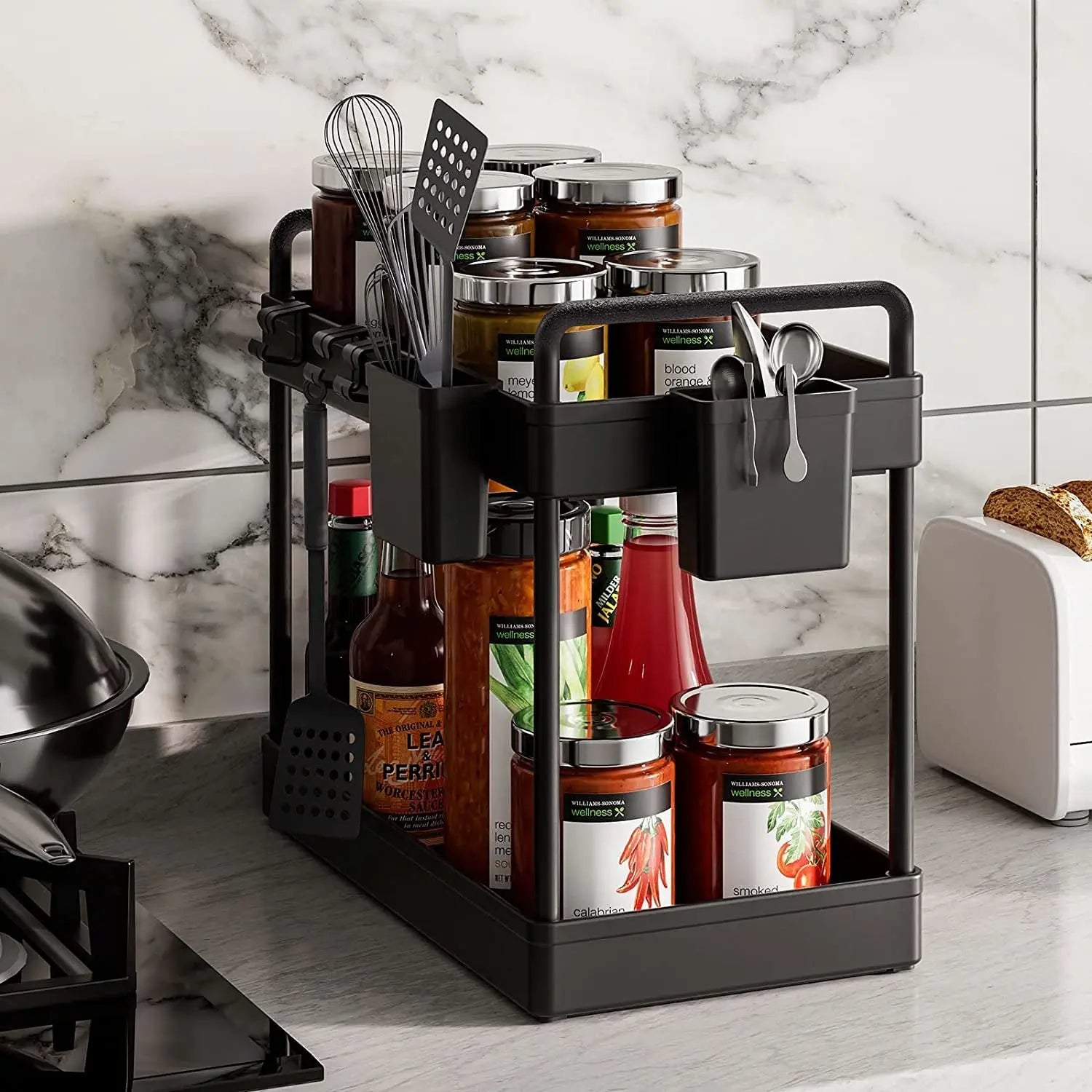 2 Pack under Sink Organizers and Storage, 2 Tier Kitchen Cabinet Organizer with Cups and Hooks, Desktop Kitchen Organization, Black Multi-Purpose Bathroom under Sink Shelf Organizer Basket