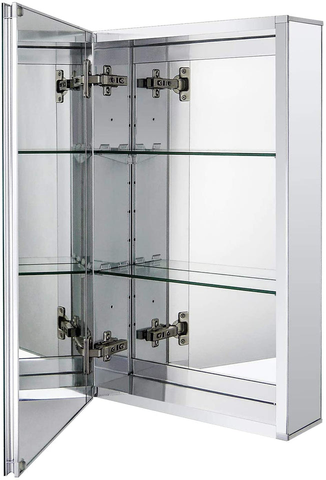 Aluminum Bathroom Medicine Cabinet with Framless Double Sided Mirror Door15 Inch X 24 Inch Recess or Surface Mount, Silver
