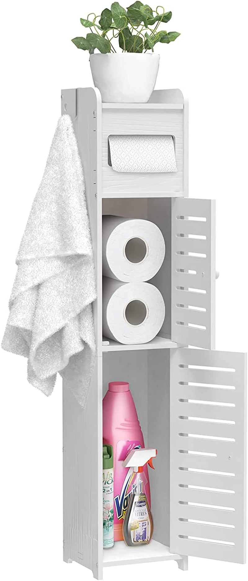 Upgrade Small Bathroom Storage Cabinet with 2 Doors and 2 Shelves, W6.3 X D6 X H31 Bathroom Organizer, 4 Tier Design Toilet Paper Storage Stand for Small Space and Corner(White)