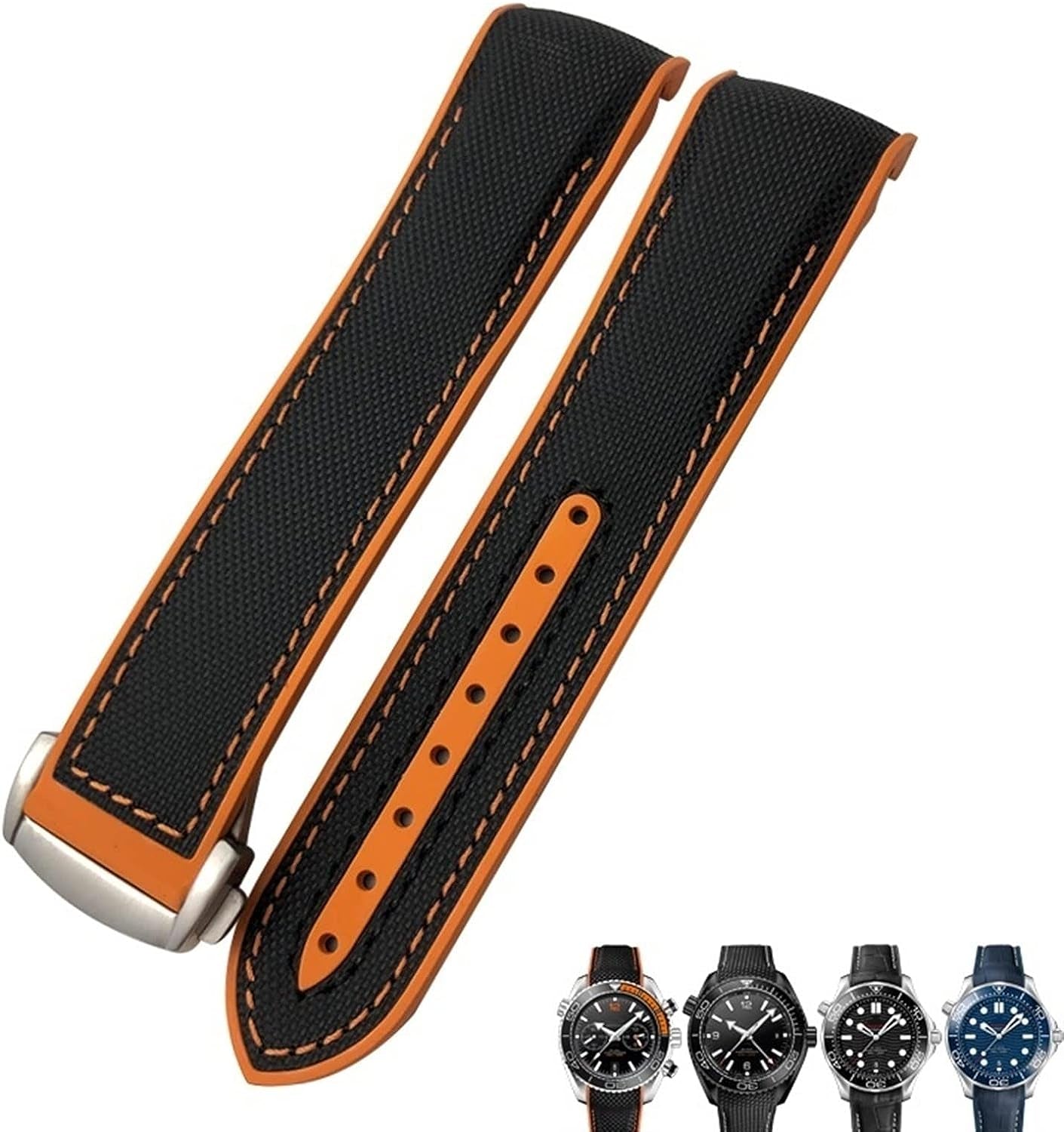 21Mm 22Mm Rubber Nylon Watch Band 19Mm 20Mm for Omega Strap Planet Ocean Seamaster 300 Rubber Bracelet (Color : Black Nylon Orange, Size : 20Mm)