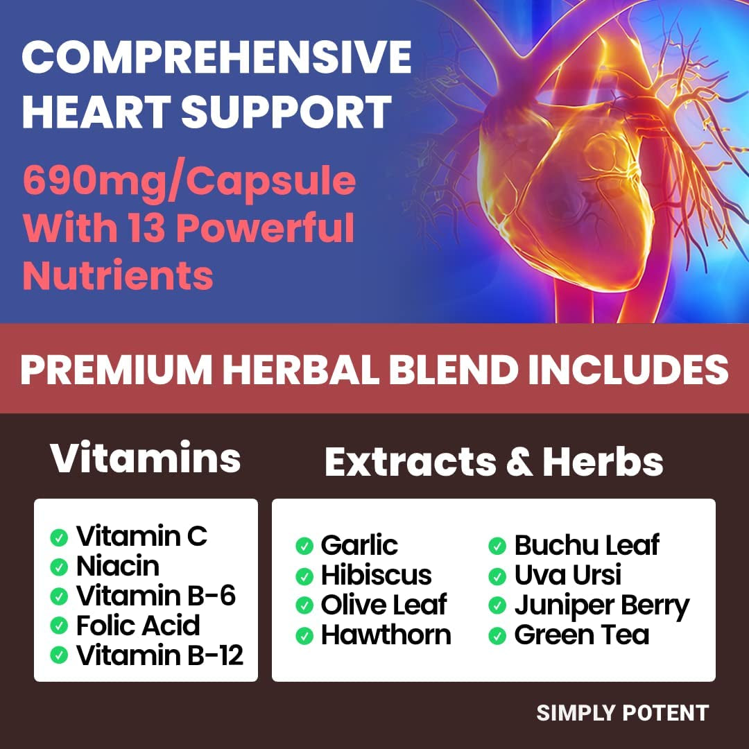 Blood Pressure Support Supplements 90 Capsules - Healthy Heart, Cholesterol, Cardio, Hypertension Vitamins & Herbs - Folic Acid, Vitamins C B6 & B12, Garlic 90 Capsule