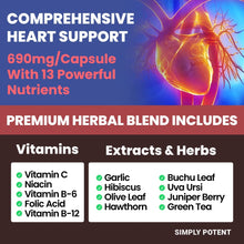 Load image into Gallery viewer, Blood Pressure Support Supplements 90 Capsules - Healthy Heart, Cholesterol, Cardio, Hypertension Vitamins &amp; Herbs - Folic Acid, Vitamins C B6 &amp; B12, Garlic 90 Capsule
