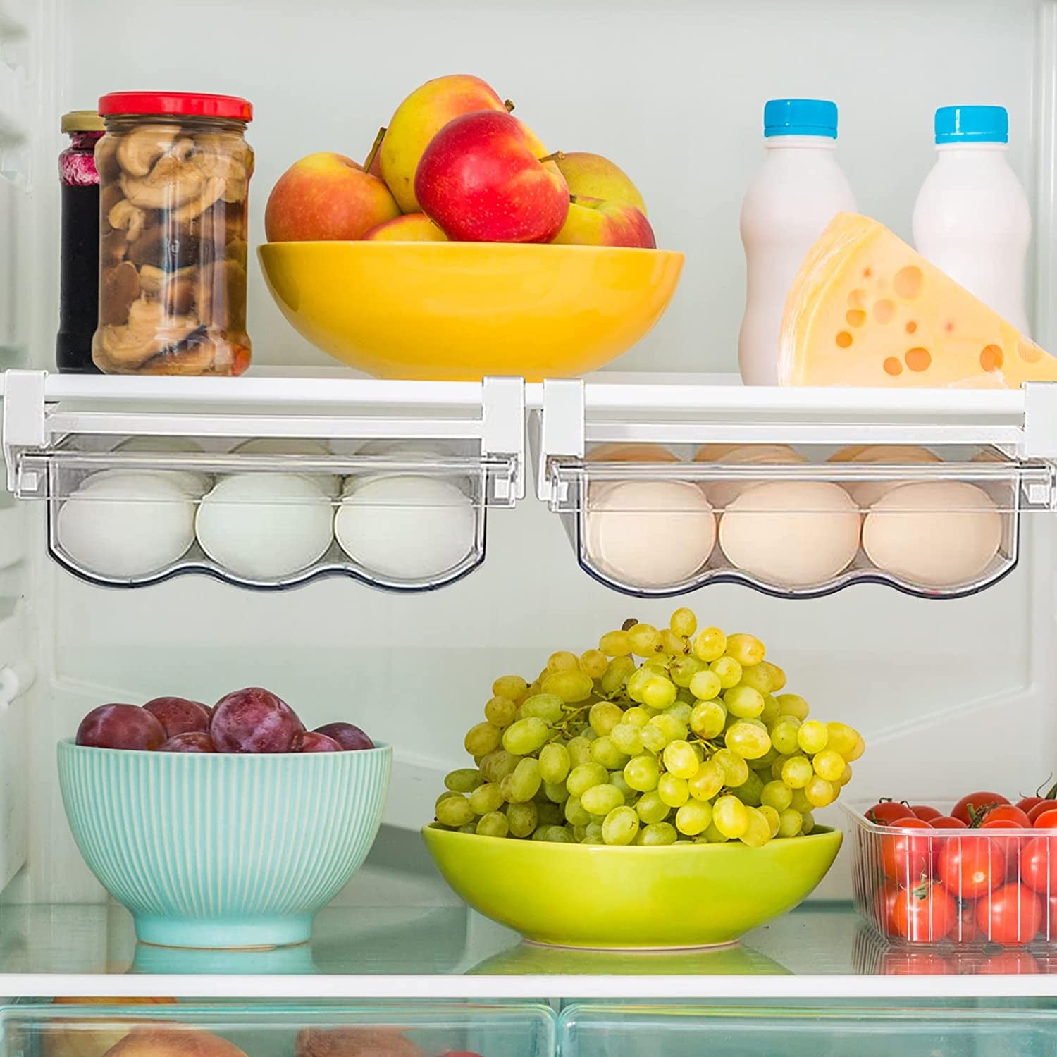 Egg Holder for Refrigerator with Handle, Automatic Rolling Egg Storage Container for Refrigerator Clear Plastic Egg Drawer for Refrigerator Pull Out Egg Tray for Fridge Shelf