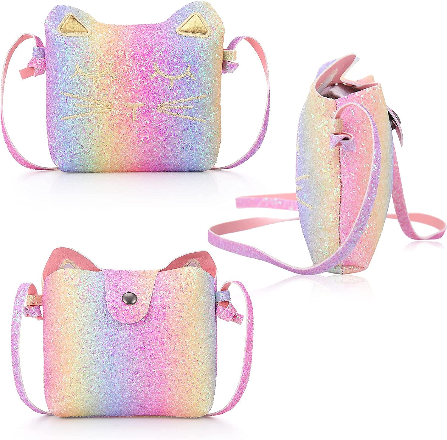 3 Pcs Cat Shoulder Bag Set, Cute Hand Bags Handbag with Mini Coin Purse Cat Headband for Christmas Girl Birthday, Glitter Rainbow Color