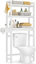 Load image into Gallery viewer, over the Toilet Storage, 3-Tier Bamboo above Toilet Shelf with Toilet Paper Holder, Bathroom Free Standing Space-Saving Rack Organizer with 3 Hooks for Restroom, Laundry, White
