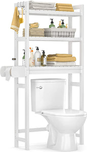 over the Toilet Storage, 3-Tier Bamboo above Toilet Shelf with Toilet Paper Holder, Bathroom Free Standing Space-Saving Rack Organizer with 3 Hooks for Restroom, Laundry, White