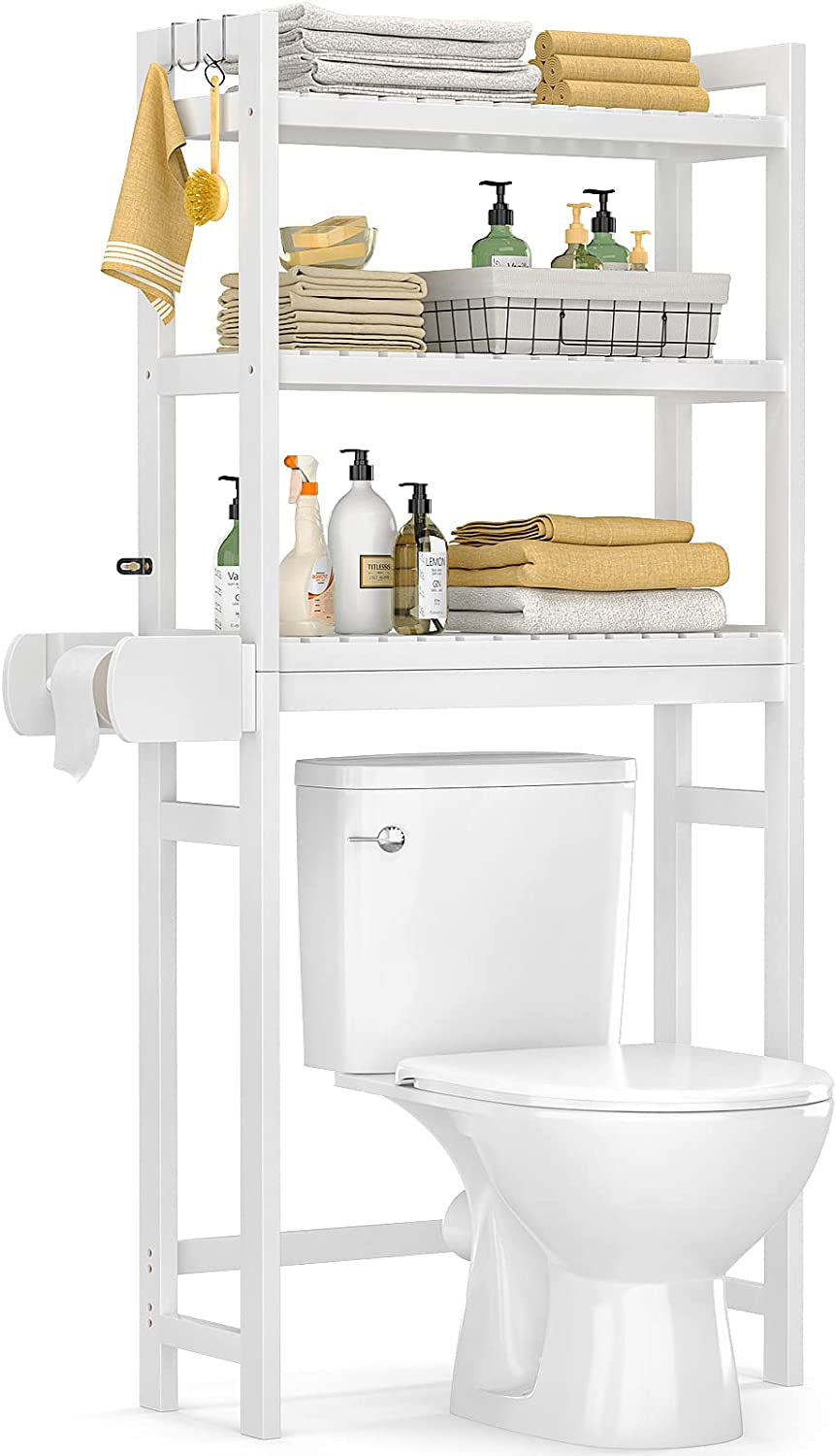 over the Toilet Storage, 3-Tier Bamboo above Toilet Shelf with Toilet Paper Holder, Bathroom Free Standing Space-Saving Rack Organizer with 3 Hooks for Restroom, Laundry, White