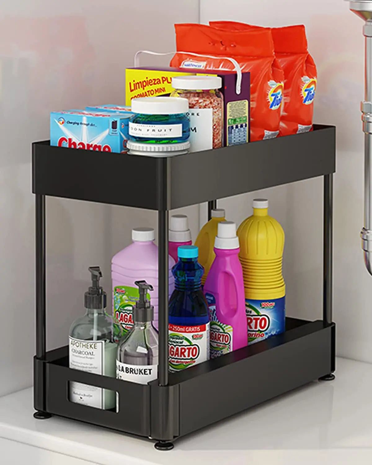 DEVA Home Storage & Organisation, Bathroom Organizer, Slide-Out Kitchen Sink Organiser, 2 Tier Bathroom under Cabinet Organizers Shelf with Sturdy ABS Plastic for Bathroom Office Pantry, Black