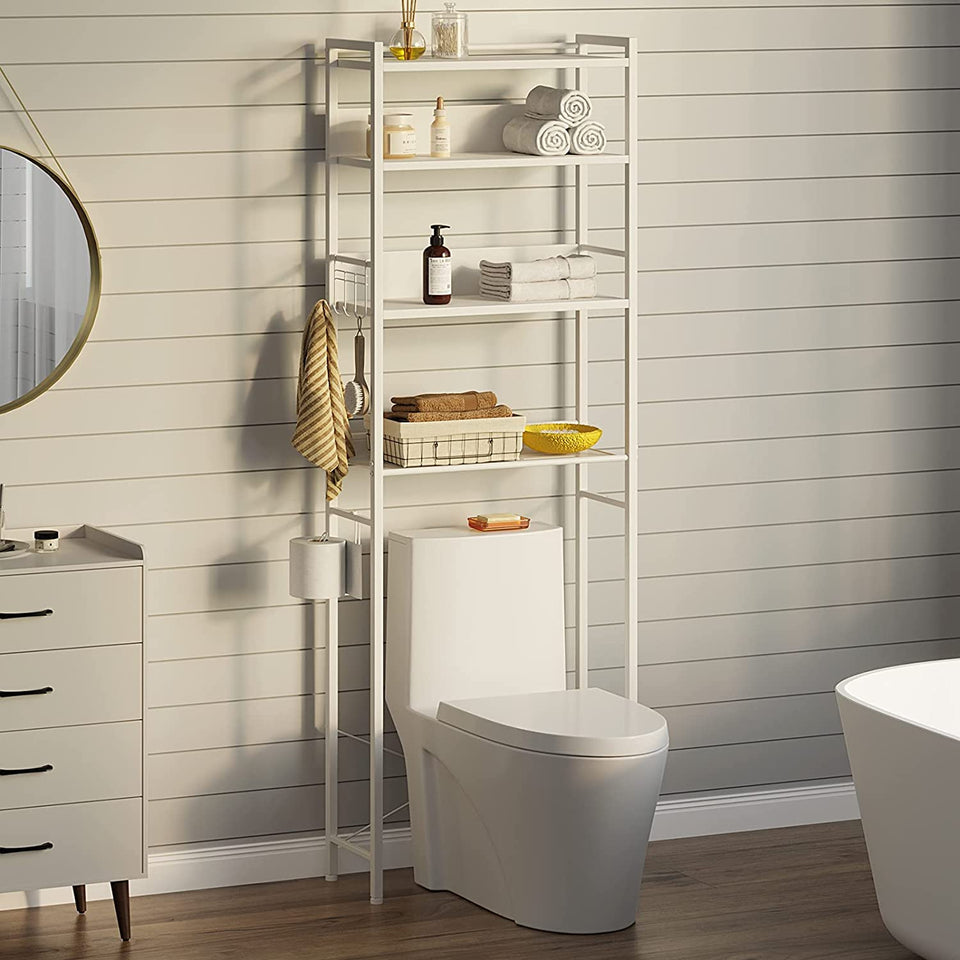 over the Toilet Storage, 4-Tier Wooden Bathroom Space Saver with Hooks, Freestanding Bathroom Organizer, Multifunctional over the Toilet Storage Rack, Bathroom Toilet Rack, White