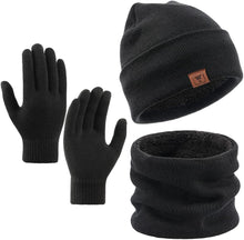 Load image into Gallery viewer, Winter Beanie Gloves Scarf Set Men and Women Scarf Gloves Set Winter Warm Knitted Beanie and Touch Screen Gloves(Black 3 Pieces)
