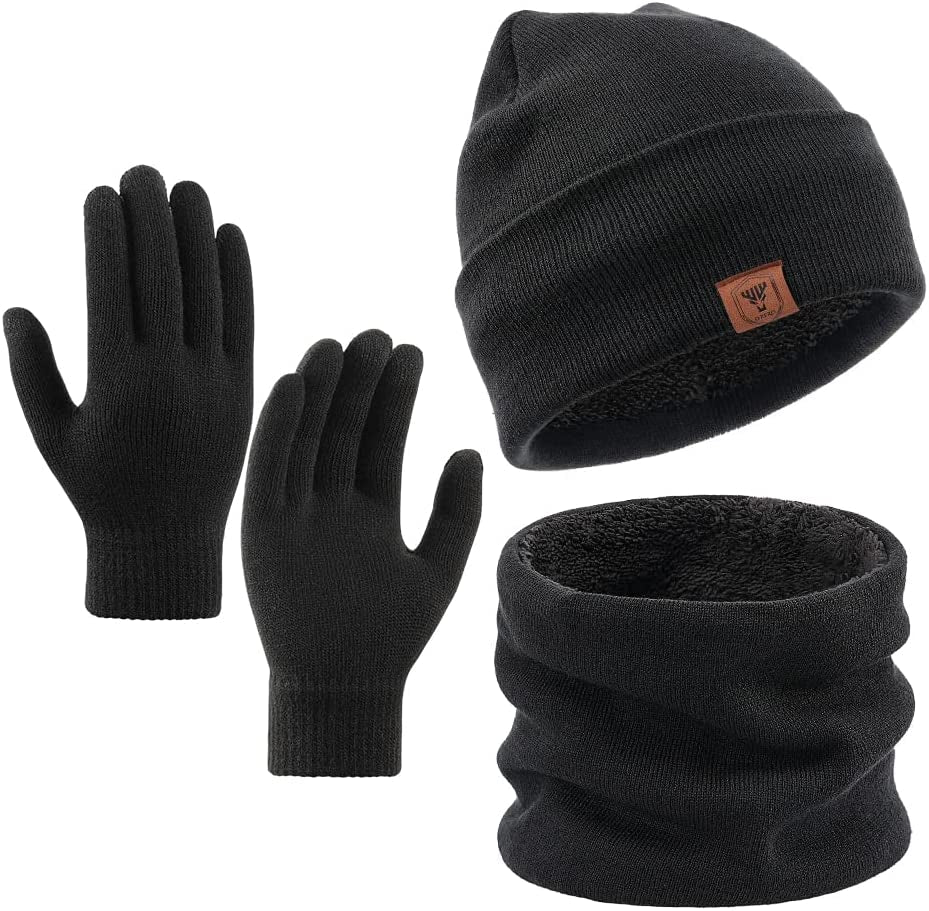 Winter Beanie Gloves Scarf Set Men and Women Scarf Gloves Set Winter Warm Knitted Beanie and Touch Screen Gloves(Black 3 Pieces)