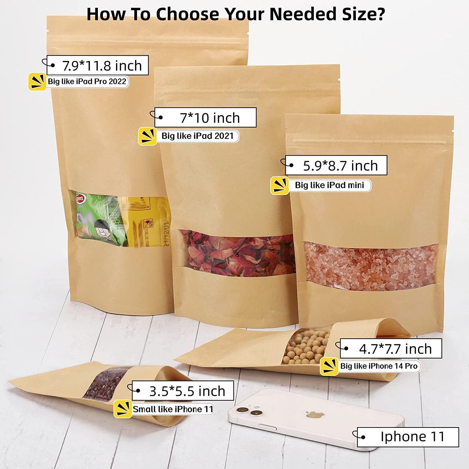 100 Pcs 12X20Cm Kraft Paper Treat Bags with Window, Ziplock Stand up Pouches for Packing Food Cookies Snacks